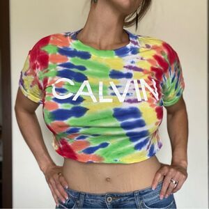Calvin Klein Rainbow Crop Top Tie Dye Athleisure XS Oversized